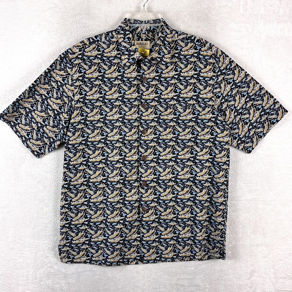 Kahala 1936 Shirt Men L Black Avi Kiriaty Outrigger Canoe AOP Rayon Hawaiian USA